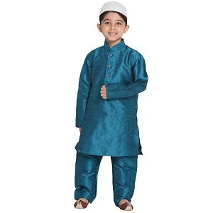vastramay boys39 turquoise silk blend kurta pyjama set with cap-vasbktq001nptqnc_32l
