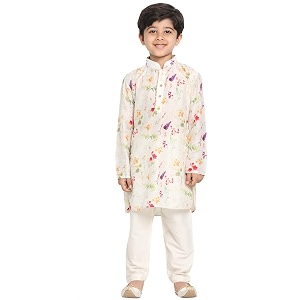 vastramay boys linen cotton kurta set for independence day celebrations- digital floral print ethnic wear with mandarin collar