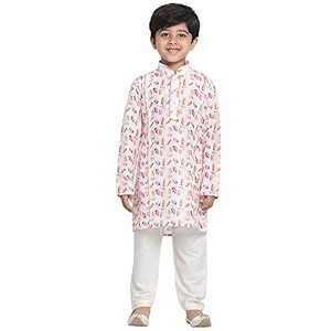 vastramay boys linen cotton kurta set for independence day celebrations- digital floral print ethnic wear with mandarin collar