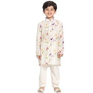vastramay boys linen cotton kurta set for independence day celebrations- digital floral print ethnic wear with mandarin collar
