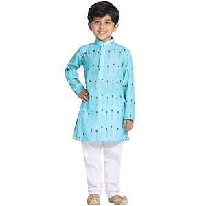 vastramay boys linen cotton kurta set for independence day celebrations- digital floral print ethnic wear with mandarin collar