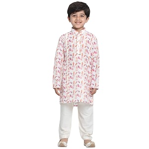 vastramay boys linen cotton kurta set for independence day celebrations- digital floral print ethnic wear with mandarin collar