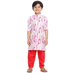 vastramay boys linen cotton kurta set for independence day celebrations- digital floral print ethnic wear with mandarin collar