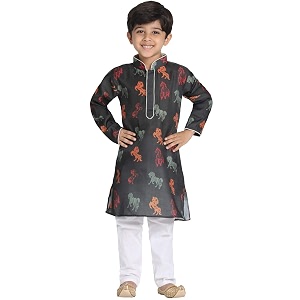 vastramay boys linen cotton kurta set for independence day celebrations- digital floral print ethnic wear with mandarin collar