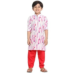 vastramay boys linen cotton kurta set for independence day celebrations- digital floral print ethnic wear with mandarin collar