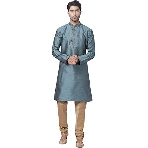 VASTRAMAY Mens Aqua Cotton Silk Blend Kurta