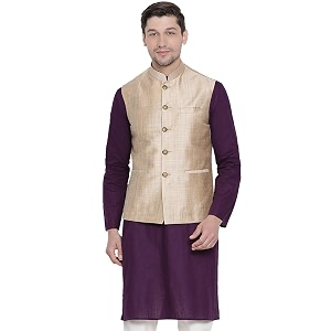 VASTRAMAY Mens Beige Cotton Blend Ethnic Jacket