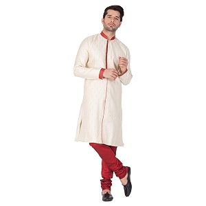 VASTRAMAY Mens Beige Silk Blend Sherwani Set