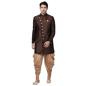 VASTRAMAY Mens Beige Silk Blend Sherwani Set
