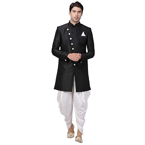 VASTRAMAY Mens Beige Silk Blend Sherwani Set
