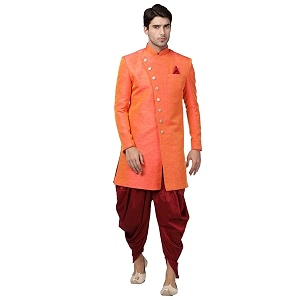 VASTRAMAY Mens Beige Silk Blend Sherwani Set