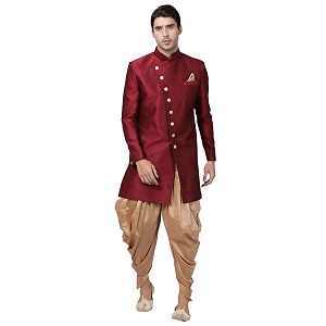 VASTRAMAY Mens Beige Silk Blend Sherwani Set