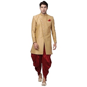 VASTRAMAY Mens Beige Silk Blend Sherwani Set