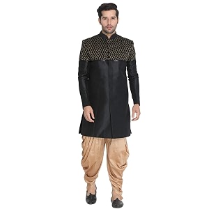 VASTRAMAY Mens Beige Silk Blend Sherwani Set