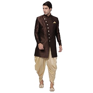 VASTRAMAY Mens Beige Silk Blend Sherwani Set