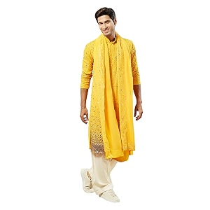VASTRAMAY Men Mens Yellow Georgette Kurta Patiala