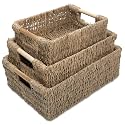 VATIMA Seagrass Baskets with Wooden Handles, Set of 3 Decorative Natural Wicker Baskets for Kitchen