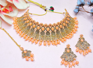 vatsalya creation alloy gold-plated beige orange jewellery set