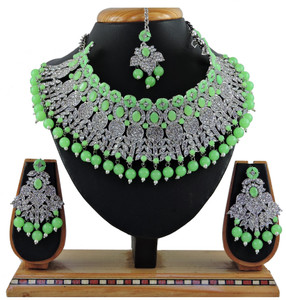 vatsalya creation alloy gold-plated green silver jewellery set