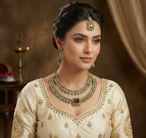 vatsalya creation alloy gold-plated green jewellery set