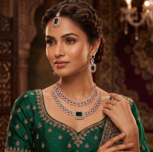 vatsalya creation alloy gold-plated green silver jewellery set