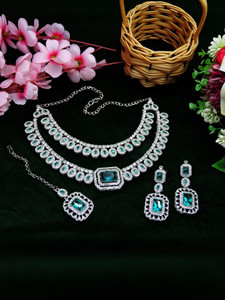 vatsalya creation alloy gold-plated green silver jewellery set