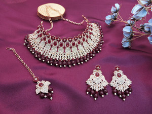 vatsalya creation alloy gold-plated maroon jewellery set
