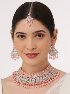 vatsalya creation alloy gold-plated pink jewellery set