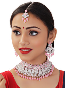 vatsalya creation alloy gold-plated pink silver jewellery set