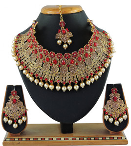 vatsalya creation alloy gold-plated red jewellery set