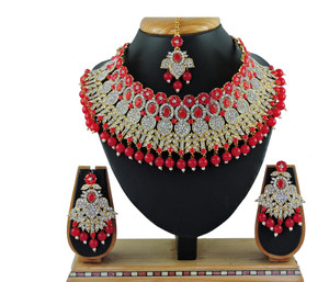 vatsalya creation alloy gold-plated red jewellery set