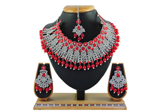 vatsalya creation alloy gold-plated red silver jewellery set