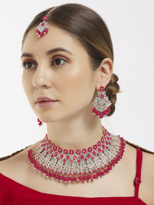 vatsalya creation alloy gold-plated ruby red jewellery set