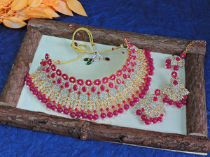 vatsalya creation alloy gold-plated ruby red jewellery set