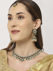 vatsalya creation alloy silver green jewellery set