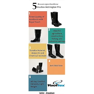 vaultex wellington pro mens pvc gumboots - black  oil and chemical resistance rainwear gumboots for industrial purpose  waterproof amp durable construction  grey sole - 1 pair
