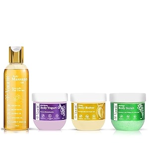 body care gift box pack of 4  moringa body scrub 200 gm  mango body butter 200 gm  blueberry body yogurt 200 gm  amp  relaxing body massage oil 100 ml  pampering kit for birthday anniversary amp special occasions premium gift packaging  men amp women  natural  100  vagen  all skin type  skin care gift set