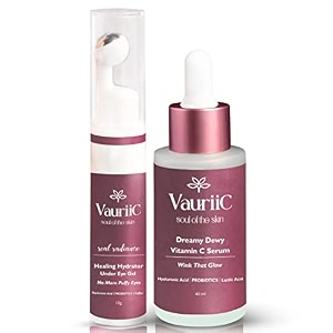 coffee under eye cream gel  amp  vitamin c face serum 40 ml  for dark circles  puffy eyes  reduces wrinkles amp fine lines  glowing skin  pigmentation amp dark spots removal  removes blemishes  acne marks amp tanning  whitening  brightening amp radiant skin  instant glow  reduces uneven skin tone overtime  with hyaluronic acid  vitamin c  coffee amp probiotics  eye massage roller  fragrance-free  100  vegan  men amp women  all skin types  pack of 2