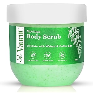 de tan moringa exfoliating body scrub 200 gms for glowing soft smooth skin  remove tan blackhead dirt amp dead skin with coffee walnut vitamin c probiotics amp niacinamide  paraben amp sulphate free 100 vegan bathing scrub  men amp women  all skin type