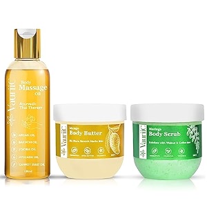 moringa body scrub 200 gms  relaxing thai therapy body massage oil 100 ml  amp  mango body butter 200 gm  with shea butter vitamin c coffee amp walnut  men amp women  all skin type  natural  pack of 3