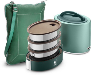 vaya tyffyn lyte 1000 ml green polished stainless steel tiffin box with bagmat one 400 ml  two 300 ml containers - 3 containers stainless steel office lunch box