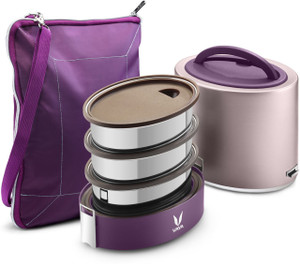 vaya tyffyn lyte 1000 ml purple polished stainless steel tiffin box with bagmat one 400 ml  two 300 ml containers - 3 containers stainless steel office lunch box