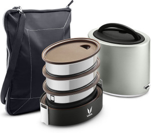 vaya tyffyn lyte 1000 ml silver polished stainless steel tiffin box with bagmat one 400 ml  two 300 ml containers - 3 containers stainless steel office lunch box
