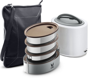vaya tyffyn lyte 1000 ml white polished stainless steel tiffin box with bagmat one 400 ml  two 300 ml containers - 3 containers stainless steel office lunch box