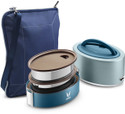 Vaya Tyffyn Lyte 600 ml Blue Polished Stainless Steel Tiffin Box with BagMat (Two 300 ml Containers) - 2 Containers Stainless Steel Office Lunch Box