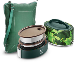 vaya tyffyn lyte 600 ml floral polished stainless steel tiffin box with bagmat two 300 ml containers - 2 containers stainless steel office lunch box 600 ml