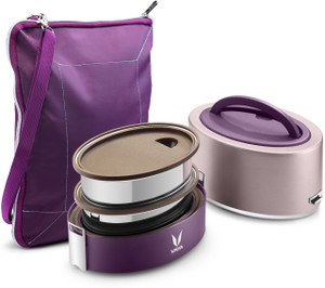 vaya tyffyn lyte 600 ml purple polished stainless steel tiffin box with bagmat two 300 ml containers - 2 containers stainless steel office lunch box
