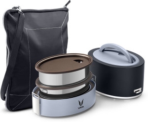 vaya tyffyn lyte black 600 ml polished stainless steel tiffin box with bagmat two 300 ml containers - 2 containers stainless steel office lunch box