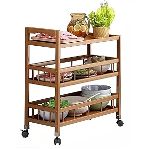 vbm multi-purpose 3 tier bamboo serving trolley with wheels - wine cart utility cart kitchen storage seasoning rack for dining room