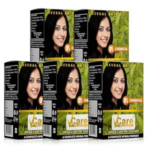 vcare natural herbal hair dye powder for men and womenapply for dry hair 100 organic henna black dye hair color boost shine and hair growth - 60 gm pack of 5 - black